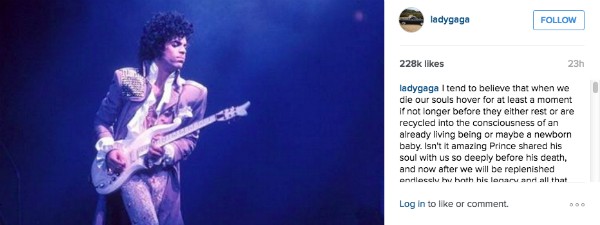 A homenagem de Lady Gaga a Prince no Instagram (Foto: Instagram)
