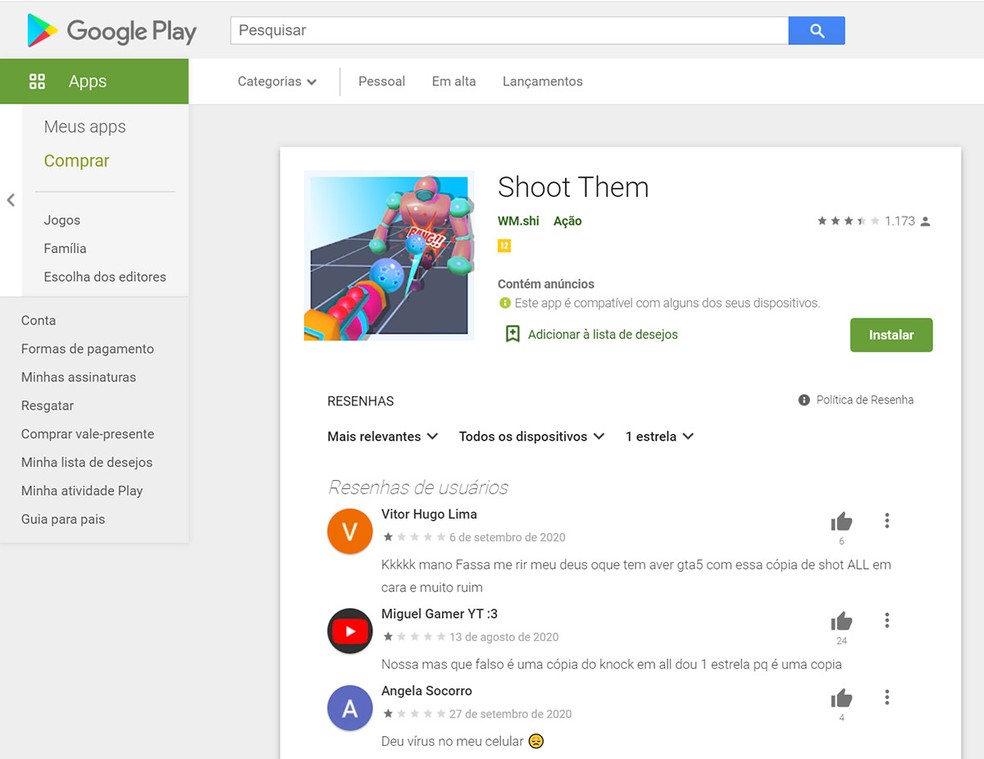 Aplicativo 'Shoot Them' permanece on-line na Play Store. Jogo com mais de 1 milhão de downloads tem mecânica parecida com outro game e resenhas negativas.  — Foto: Reprodução