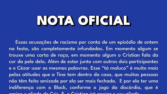 Equipe de Cristian nega racismo contra Tina durante festa do BBB 23