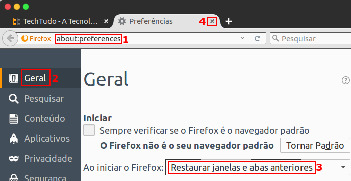 Ajustando o Firefox para iniciar com as abas/janelas da última sessão (Foto: Reprodução/Edivaldo Brito)
