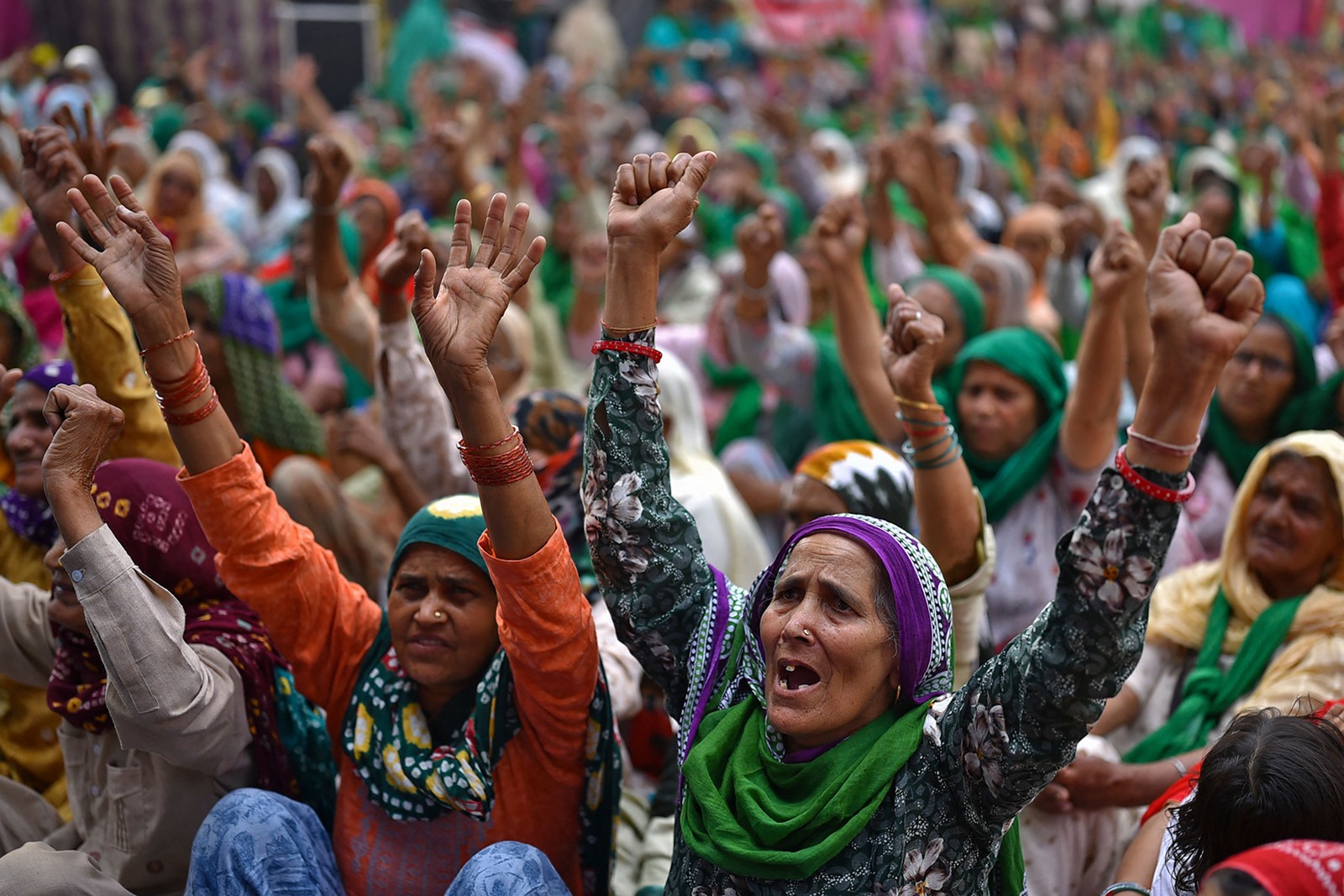 Mulheres dos estados vizinhos de Punjab e Haryana se reúnem para se juntar aos agricultores que continuam a protestar contra as recentes reformas agrícolas do governo central na fronteira de Tikri, em Nova DelhiAFP