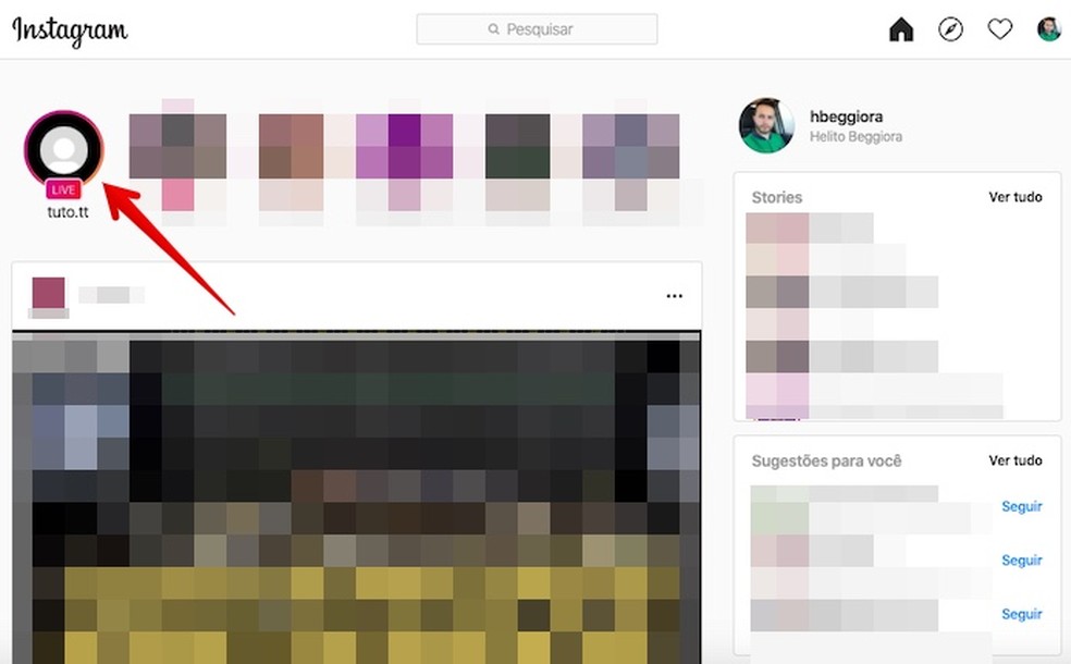Acessando vídeo ao vivo no Instagram — Foto: Reprodução/Helito Beggiora