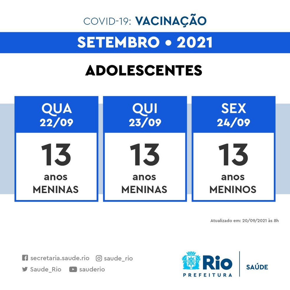 Rio retoma vacinação de adolescentes na quarta-feira (22) — Foto: Divulgação/ Prefeitura do Rio