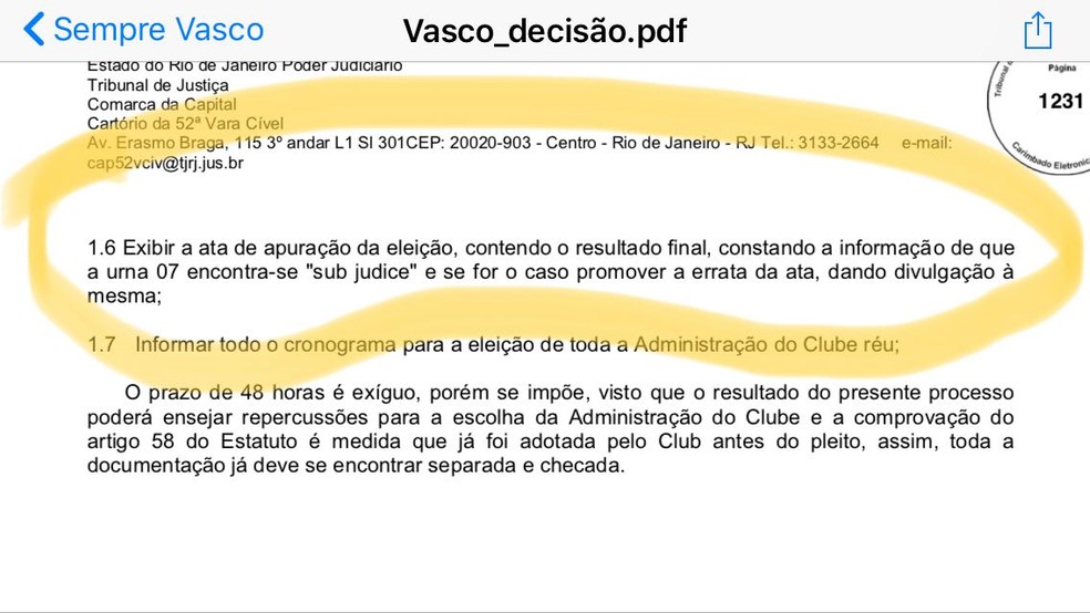 Trecho da decisão judicial sobre a eleição do Vasco (Foto: Reprodução)