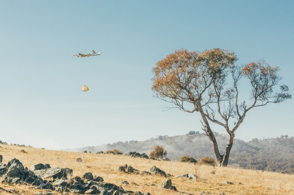 Drone testa delivery de produtos na Austrália. — Foto: Divulgação/Wing