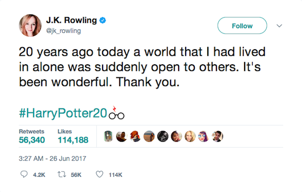 A mensagem compartilhada por J.K. Rowling agradecendo os fãs de Harry Potter (Foto: Twitter)