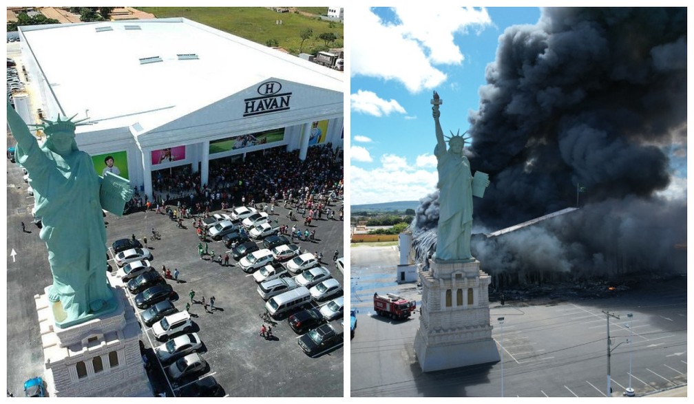 Veja antes e depois do incêndio na loja da Havan, em Vitória da Conquista — Foto: Arte g1