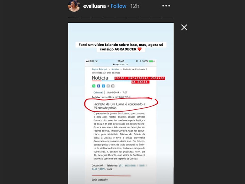 Postagem de Eva Luana sobre condenação do padrasto acusado de estuprar e torturar ela e a mãe — Foto: Reprodução/Instagram