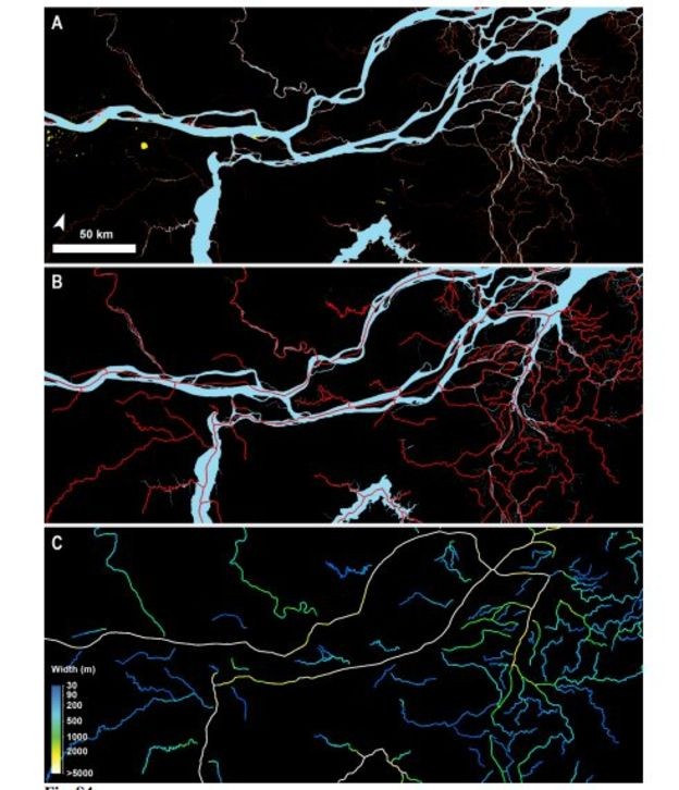 Imagem mostra como o software da pesquisa trabalha; esta imagem é o mapeamento de trecho do Rio Amazonas (Foto: DIVULGAÇÃO/ REVISTA SCIENCE)