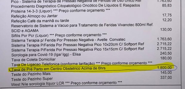 Lista de procedimentos cobrados à parte recebida por paciente menciona a cobrança (Foto: Divulgação)