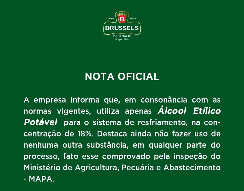 Nota da Brussels — Foto: Brussels/Reprodução