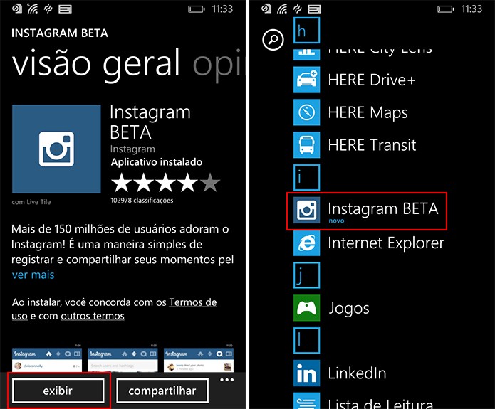 Instagram Beta para Windows Phone poderá ser aberto na lista de aplicativos (Foto: Reprodução/Elson de Souza)