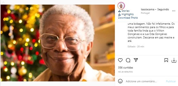 Tassia Camargo lamenta morte de Milton Gonçalves (Foto: Reprodução/Instagram)