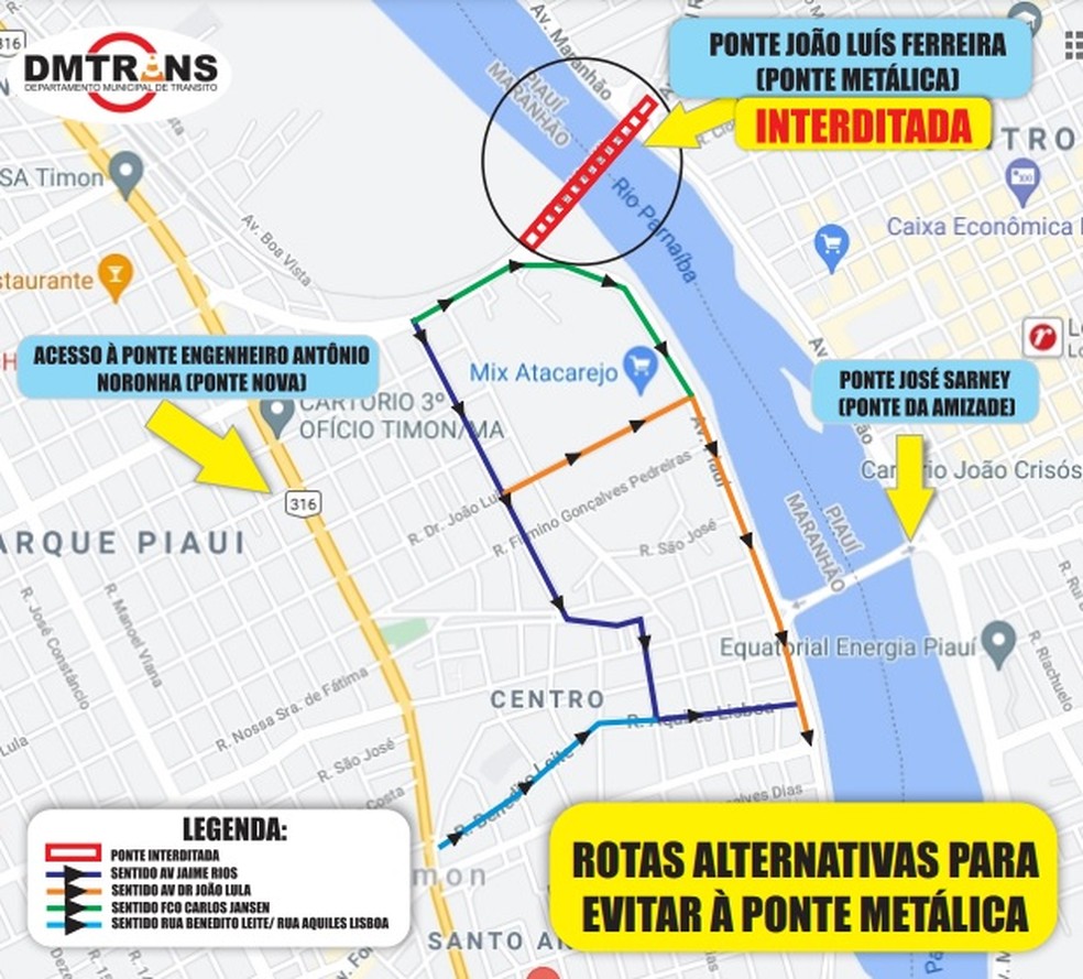 Departamento Municipal de Trânsito (DMTRANS) de Timon (MA) divulgou um mapa com rotas alternativas para evitar o trânsito pela Ponte Metálica.  — Foto: Divulgação/Prefeitura de Timon
