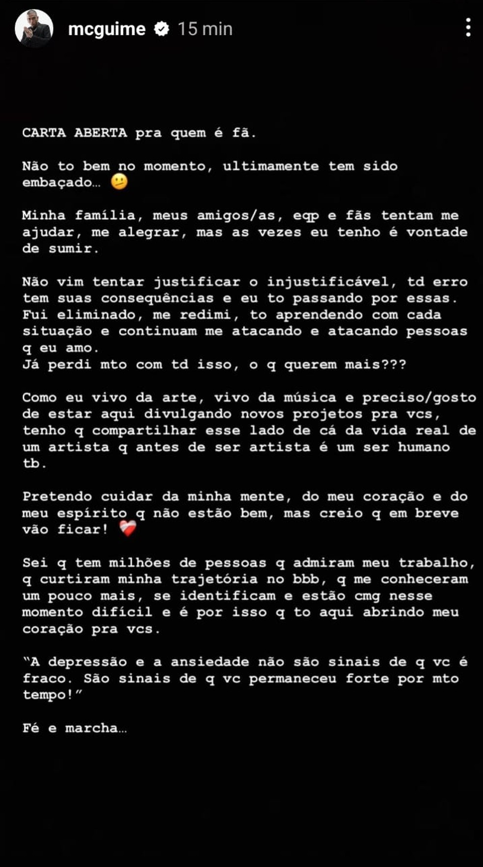 Guim&ecirc; publica carta aberta ap&oacute;s ser expulso do 'BBB 23' &mdash; Foto: Reprodu&ccedil;&atilde;o