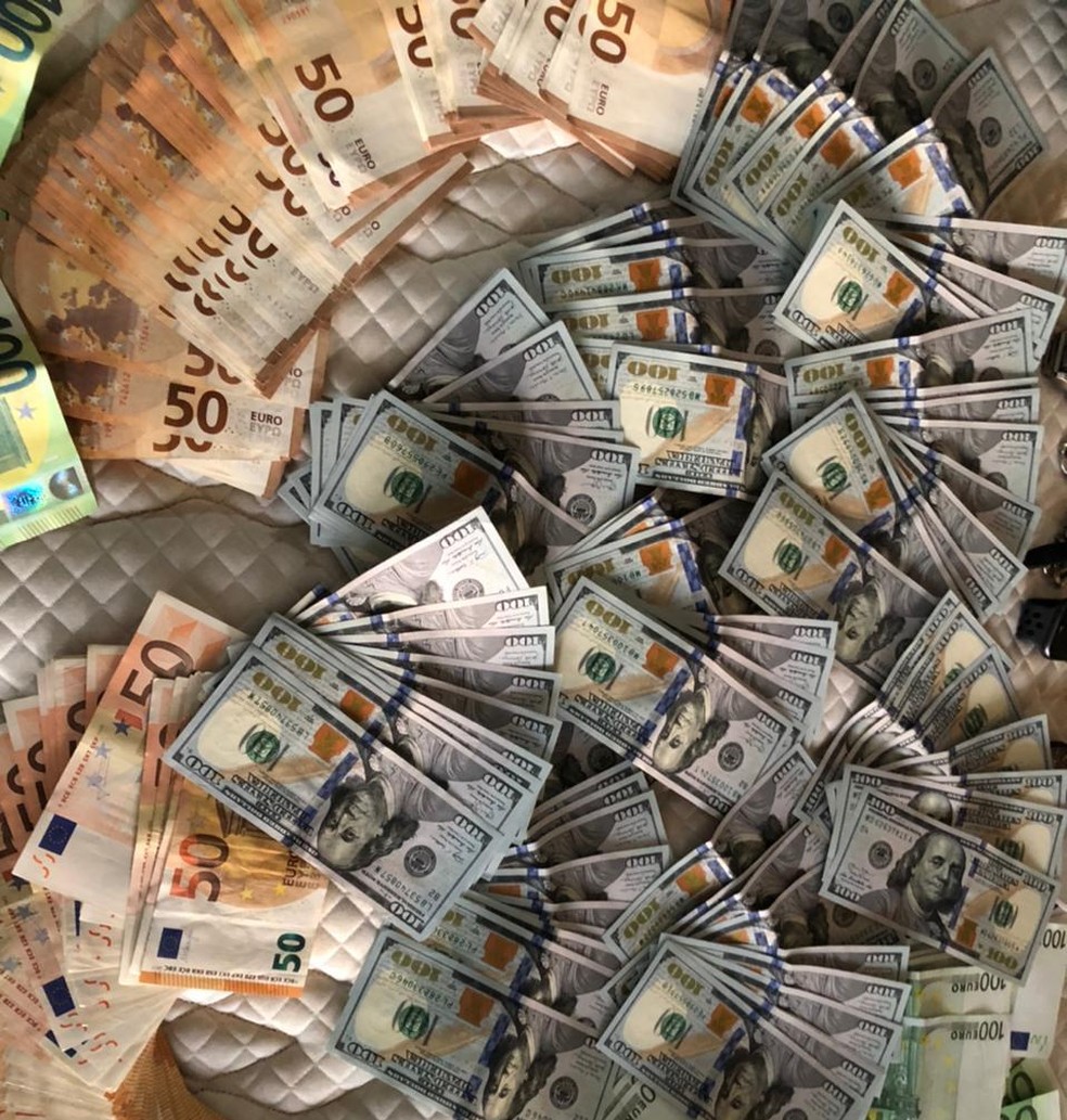 Dólares e euros apreendidos na operação 'Shark' — Foto: polícia Civil/Divulgação