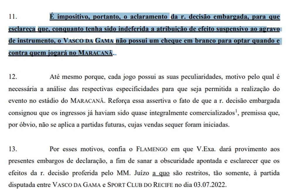 Petição do Flamengo para tentar garantir que o Vasco não jogue no Maracanã quando desejar — Foto: Reprodução