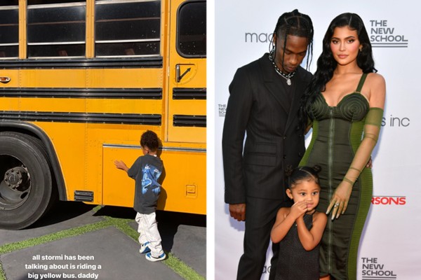 Kylie Jenner e Travis Scott com sua filha de três anos, Stormi (à dir.); menina ganhou ônibus escolar nesta semana (à esq.) (Foto: Reprodução / Instagram; Getty Images)