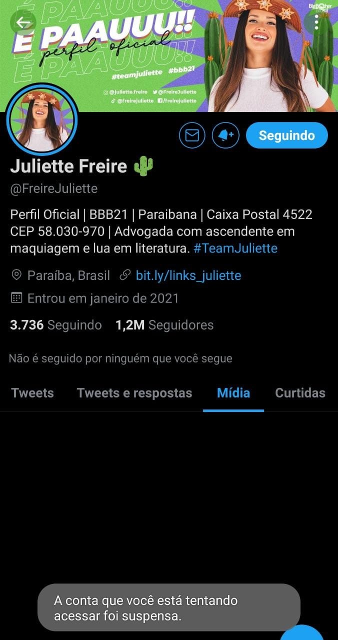 Perfil de Juliette é suspenso do Twitter (Foto: Reprodução/Twitter)