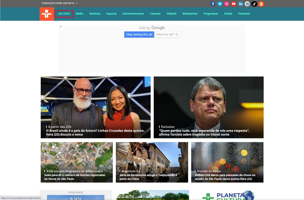 'Onde assistir ao jogo do Barcelona hoje?' Acesse o site da TV Cultura e clique na opção "Ao vivo" no canto superior da tela — Foto: Reprodução/Yuri Neri