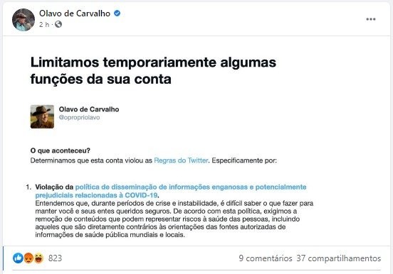 mensagem do Twitter ao limitar conta de Olavo de Carvalho