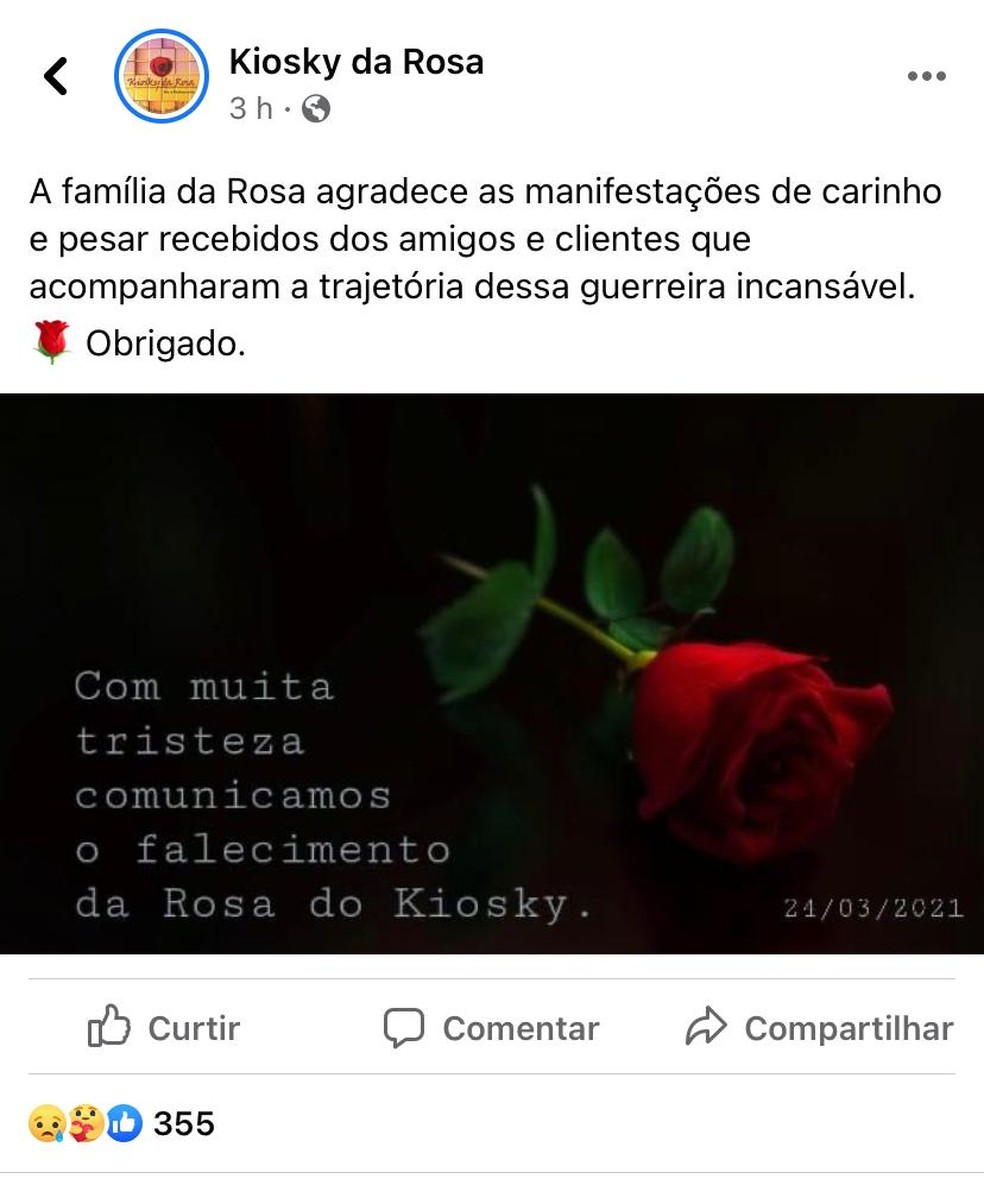 Publicação sobre a morte de Rosa de Oliveira na rede social do Kiosky da Rosa — Foto: Facebook/Reprodução