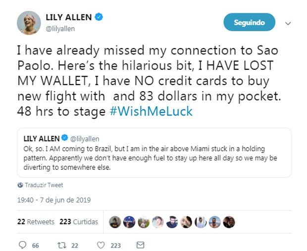 Lily Allen enfrenta perrengues ao tentar chegar a São Paulo (Foto: Reprodução/Twitter)