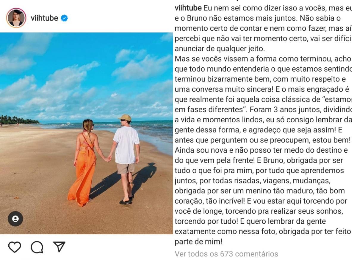 Viih Tube anuncia o fim do namoro com Bruno Magri (Foto: Reprodução/Instagram)
