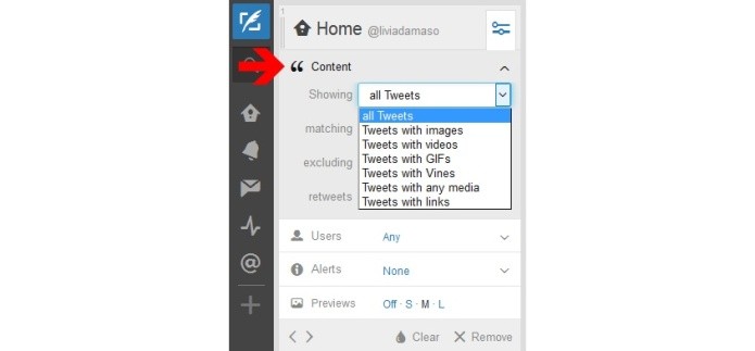 Ajustando quais tipos de tuítes deseja visualizar na coluna no TweetDeck (Foto: Reprodução/Lívia Dâmaso)