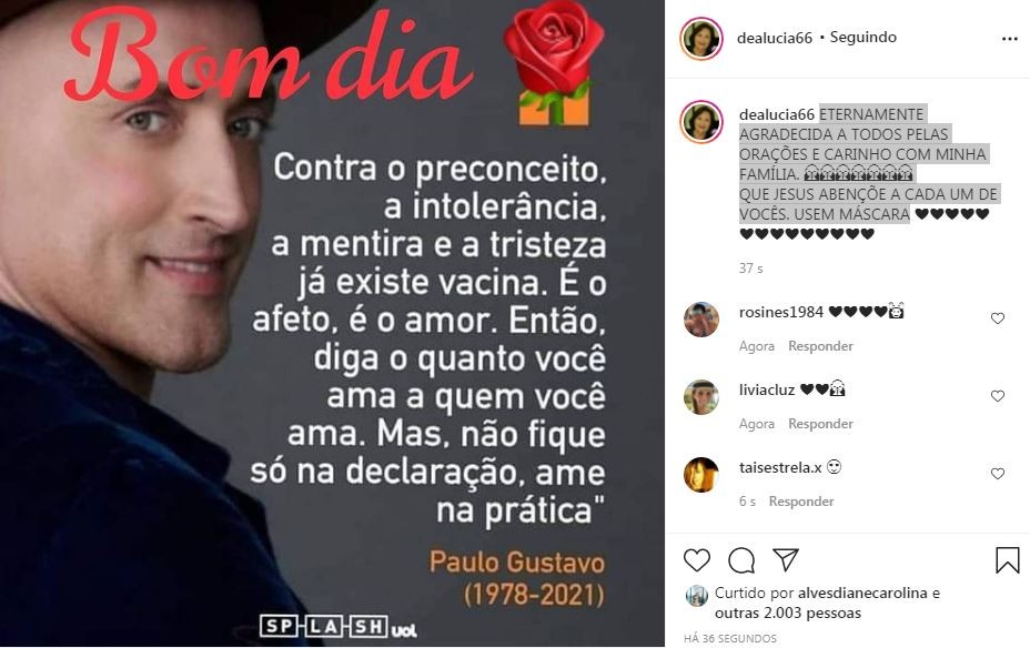 Mãe de Paulo Gustavo posta na web (Foto: Reprodução / Instagram)