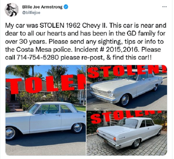 O post de Billie Joe Armstrong noticiando o roubo de seu carro (Foto: Twitter)