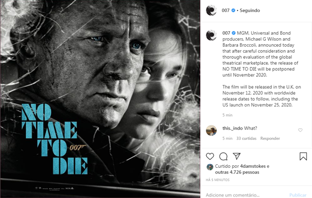 Perfil oficial anuncia adiamento de estreia do novo 007 (Foto: Reprodução Instagram)