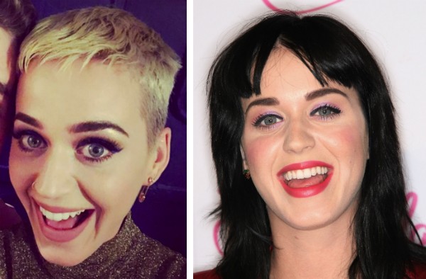 A cantora Katy Perry com o seu novo visual e o antigo (Foto: Instagram/Getty Images)