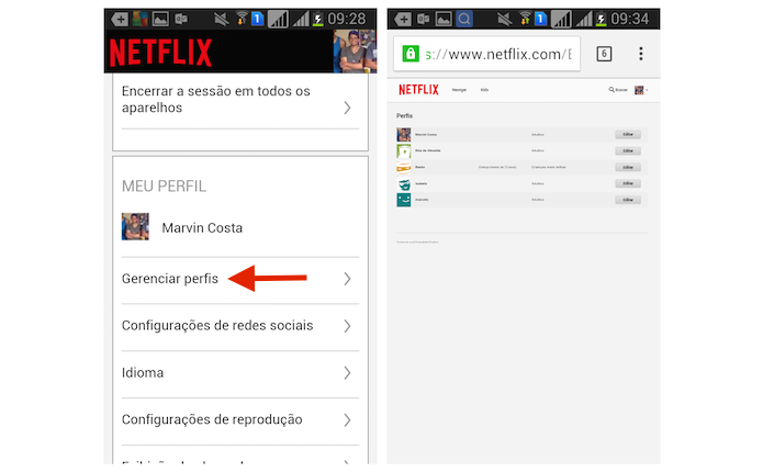 Acessando a página de gerenciamento de perfil do Netflix pelo Android (Foto: Reprodução/Marvin Costa)