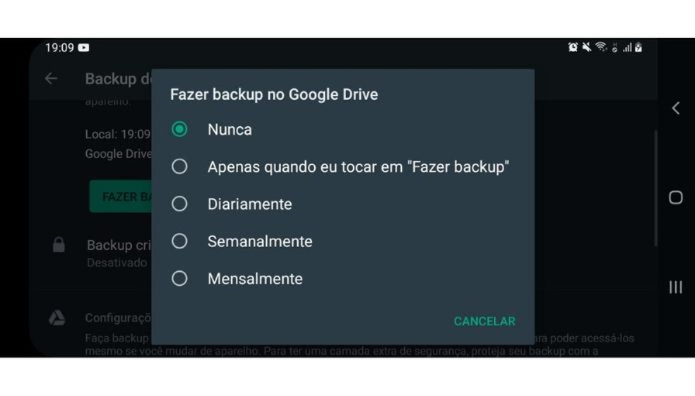 Opções de Backup do WhatsApp — Foto: Reprodução/Júlio César Gonsalves