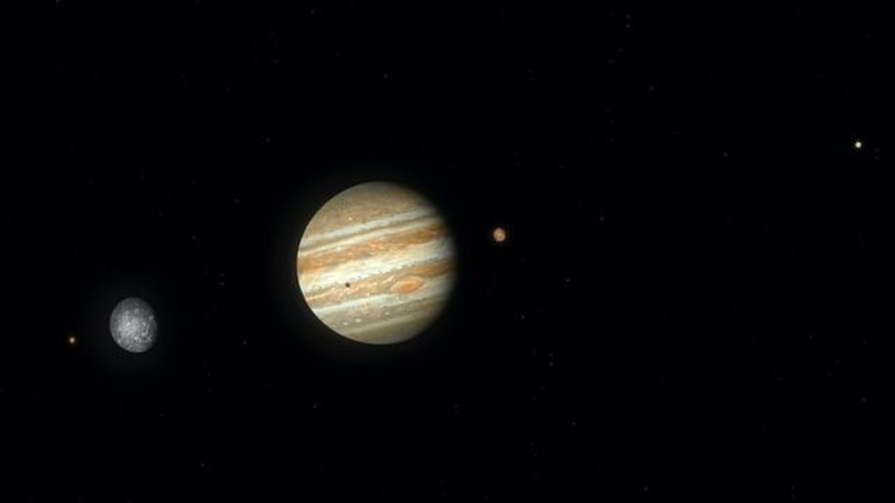Tire a poeira de seus binóculos: em 21 de dezembro, você poderá ver as luas de Júpiter Io e Calisto (à esquerda), Ganímedes e Europa (à direita) — Foto: Getty Images via BBC