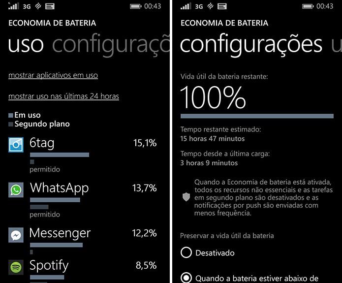 Economia de bateria do Windows Phone permite que usuário tenha acesso às detalhes do consumo do sistema (Foto: Reprodução/Elson de Souza)