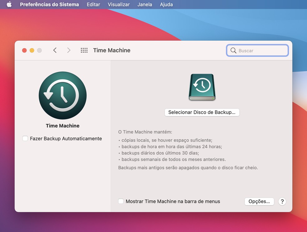 Time Machine: ferramenta permite fazer backup dos arquivos antes de atualizar para o macOS Monterey da Apple — Foto: Reprodução/Barbara Mannara