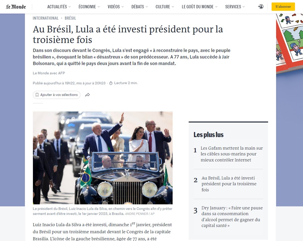 O "Le Monde", da França, também repercutiu a posse de Lula — Foto: Reprodução