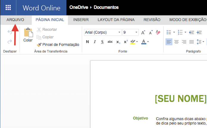 Acessando as opções de arquivo para um documento do Microsoft Word Online (Foto: Reprodução/Marvin Costa)