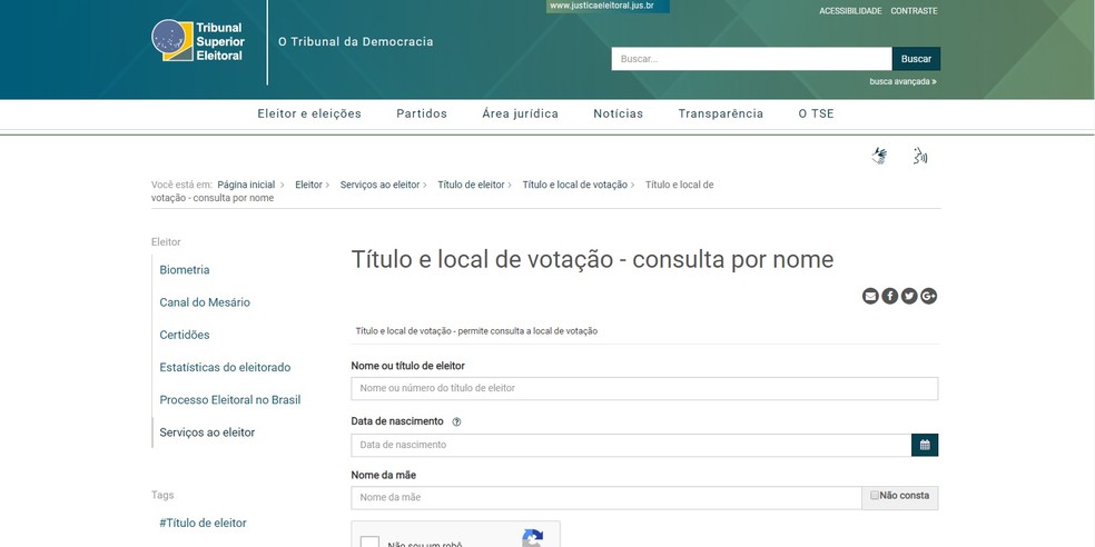 Site do TSE disponibiliza ferramenta na qual o eleitor pode conferir o local de votação — Foto: Reprodução/Site TSE