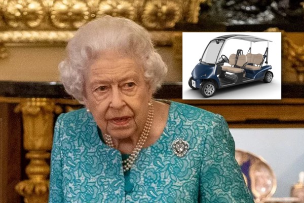 Rainha Elizabeth II e seu carrinho de golfe (Foto: Getty Images (ao fundo); Reprodução (imagem sobreposta))