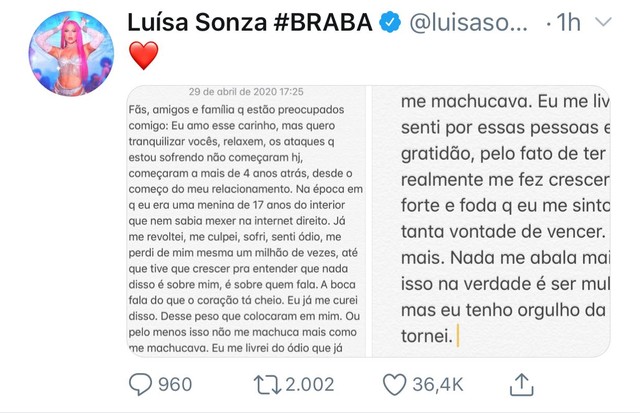 Luísa Sonza se pronuncia após ataques por anuncio de separação (Foto: Reprodução/Instagram e Twitter)