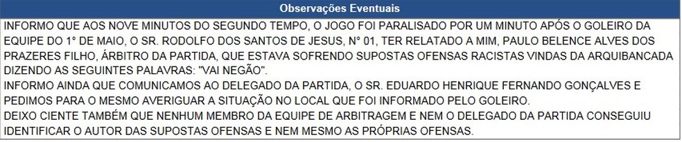 Súmula do jogo entre Decisão x 1º de Maio — Foto: Reprodução / FPF