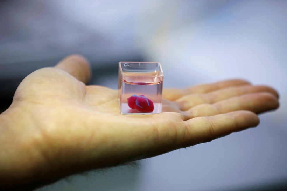 Coração em miniatura feito em impressora 3D — Foto: Amir Cohen/Reuters