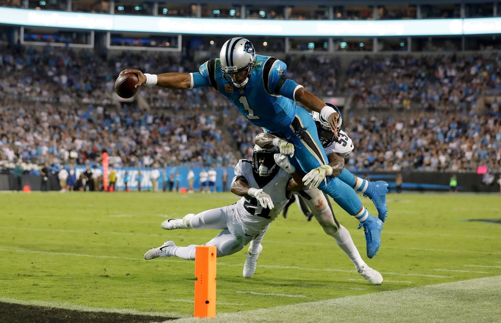 Cam Newton voa para tentar marcar o touchdown (Foto: Getty Images)