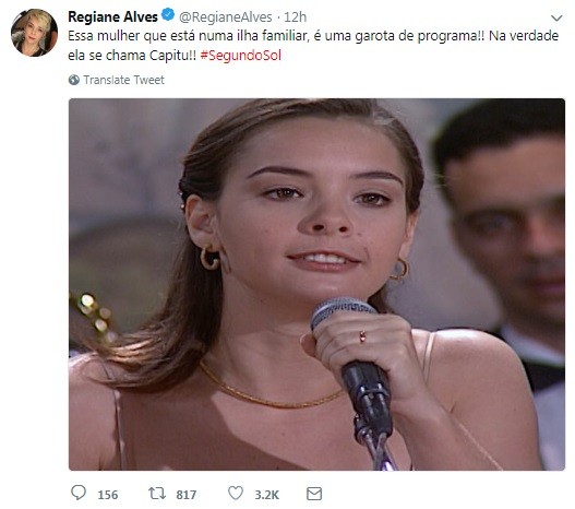 A atriz Regiane Alves relembrou 'Laços de família' em meme sobre 'Segundo Sol' (Foto: Reprodução / Twitter)