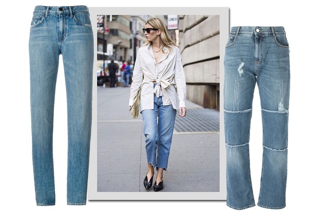 Camille Charrière e, da esquerda para a direita, jeans, Helmut Lang, R$ 940; Stella McCartney, R$ 1.355 (Foto: Instagram/Reprodução e Farfetch/Divulgação)