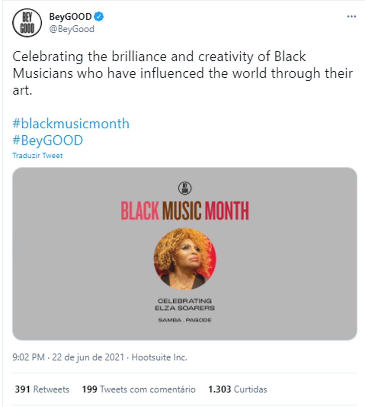Elza Soares é destaque no BeyGOOD, instituição de Beyoncé, pelo Mês da Música Negra (Foto: Reprodução/Twitter)