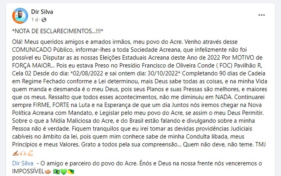 Aps ser solto, candidato decidiu usar as redes sociais para explicar o que aconteceu para no receber votos  Foto: Reproduo/Facebook